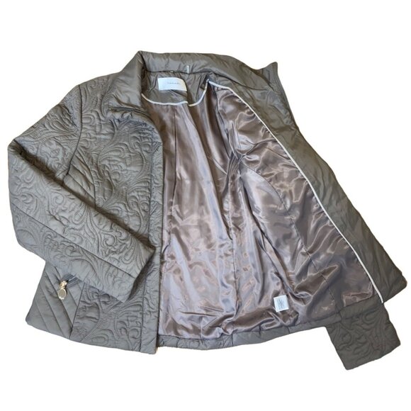 Womens Taupe Quilted Jacket With Embroidered Design By Tahari - Zipper Closure F - Picture 2 of 8